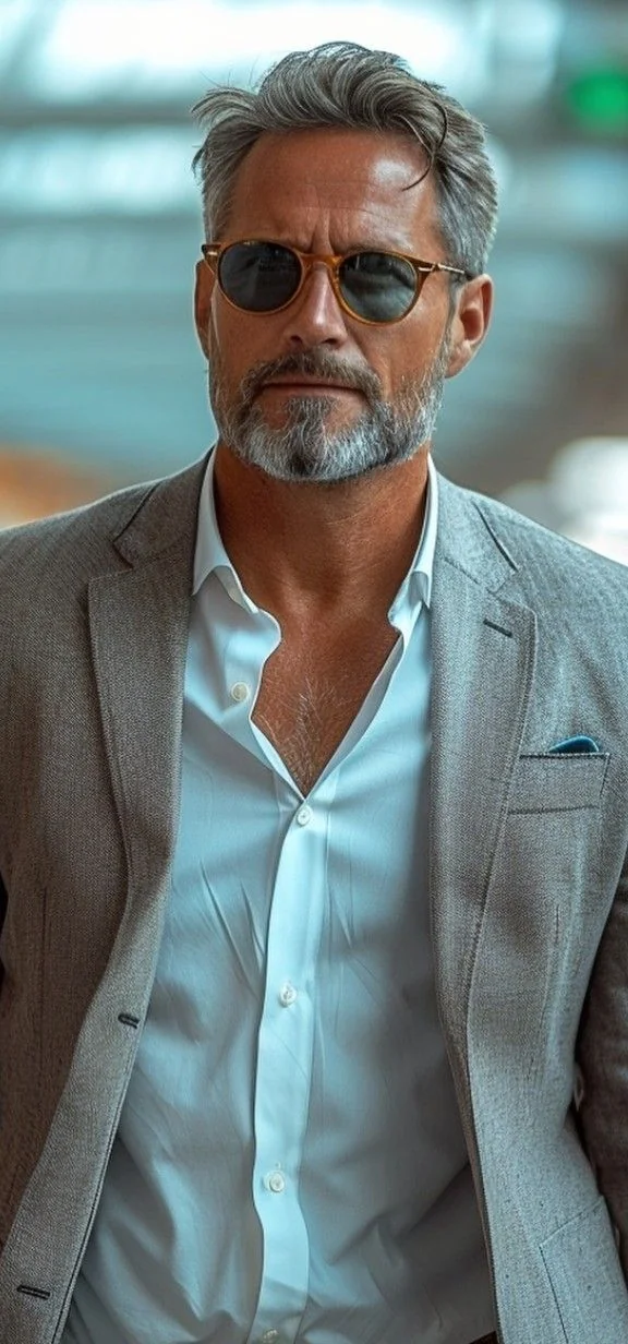 Barba grisalha aparada, estilo executivo — barba grisalha, exemplo 5