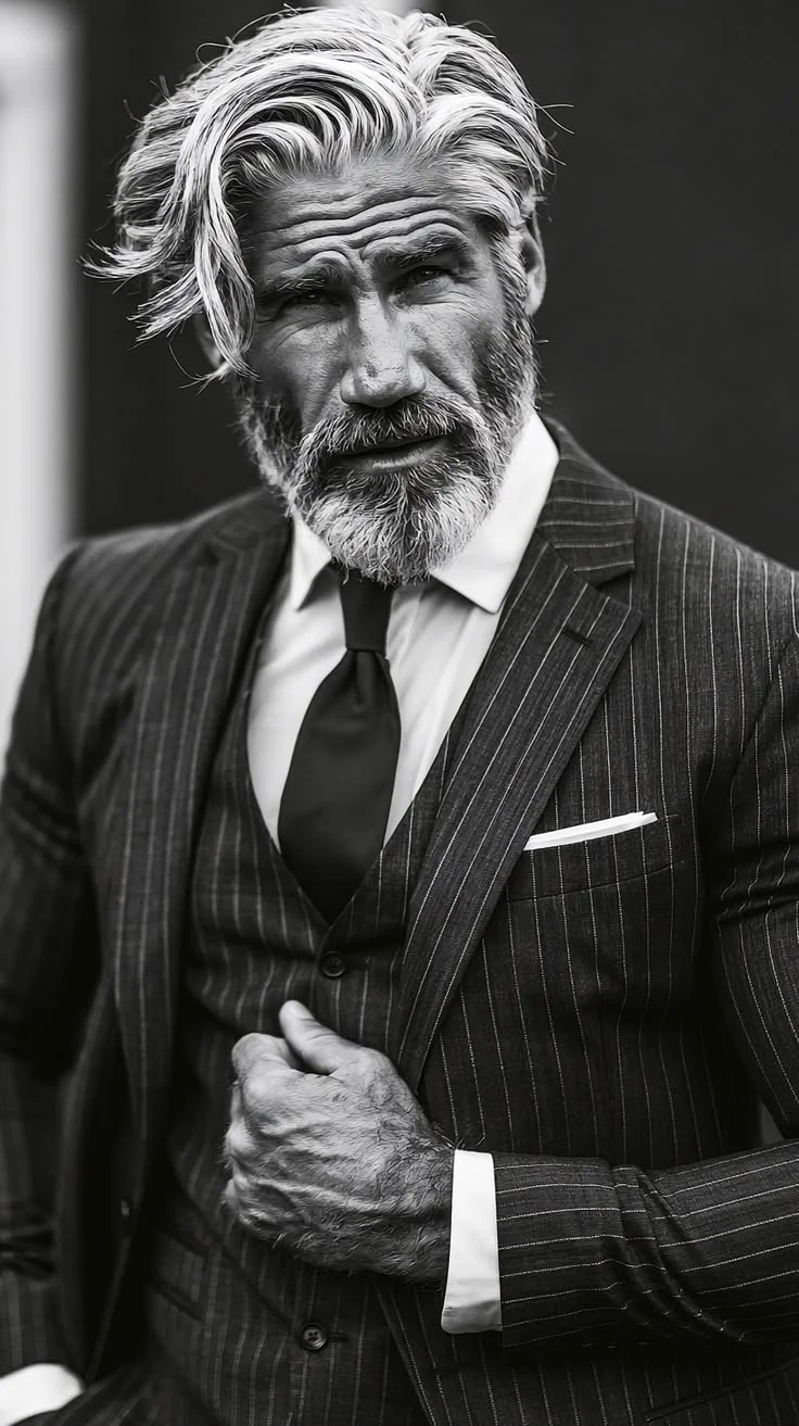 Barba grisalha aparada, estilo executivo — barba grisalha, exemplo 8