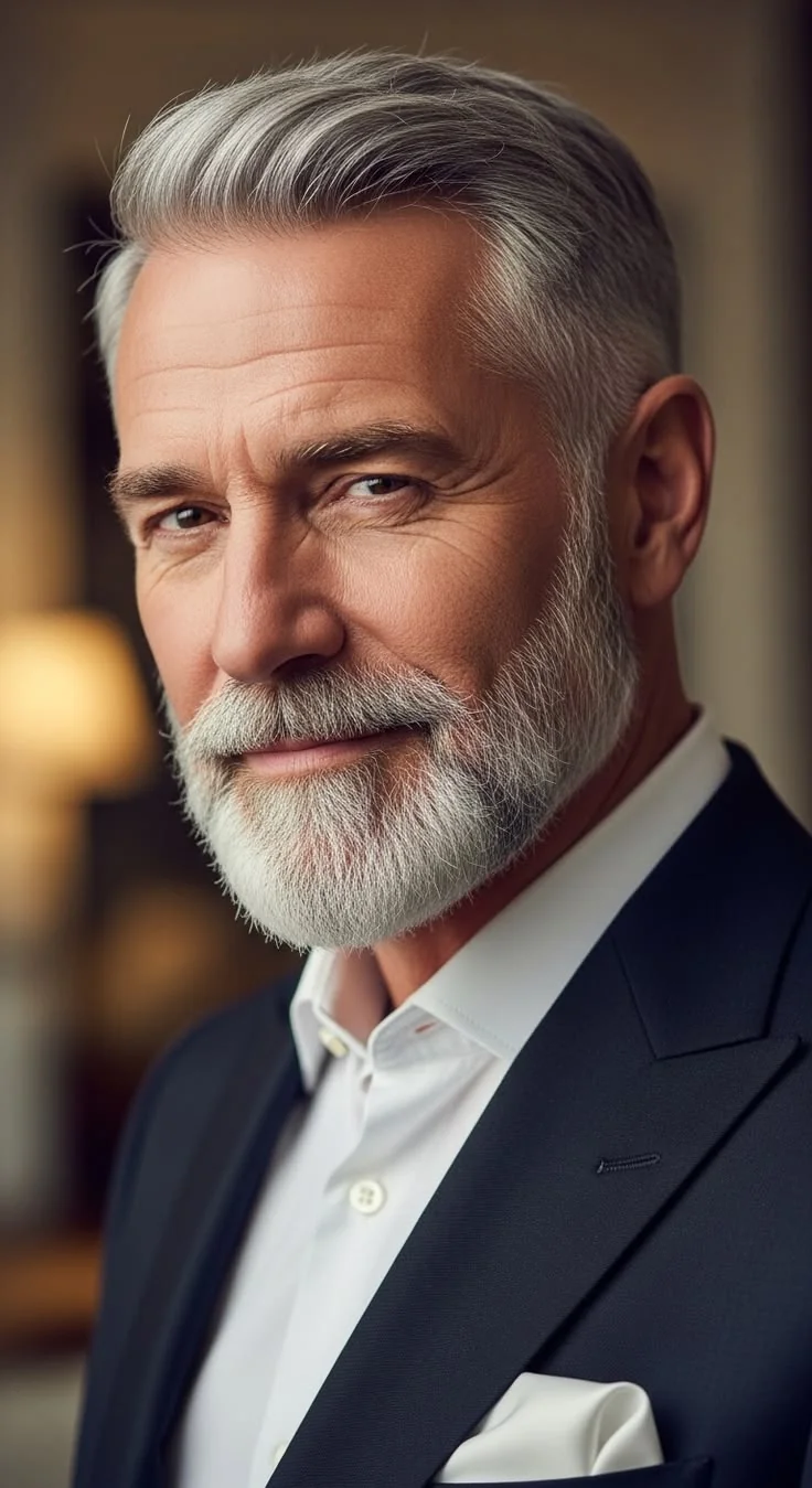 Barba grisalha aparada, estilo executivo — barba grisalha, exemplo 10
