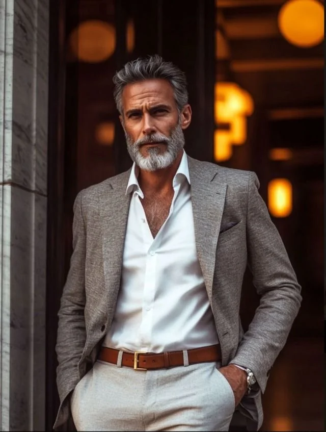Barba grisalha aparada, estilo executivo — barba grisalha, exemplo 11