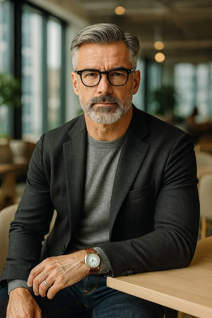 Barba grisalha aparada, estilo executivo — barba grisalha, exemplo 12