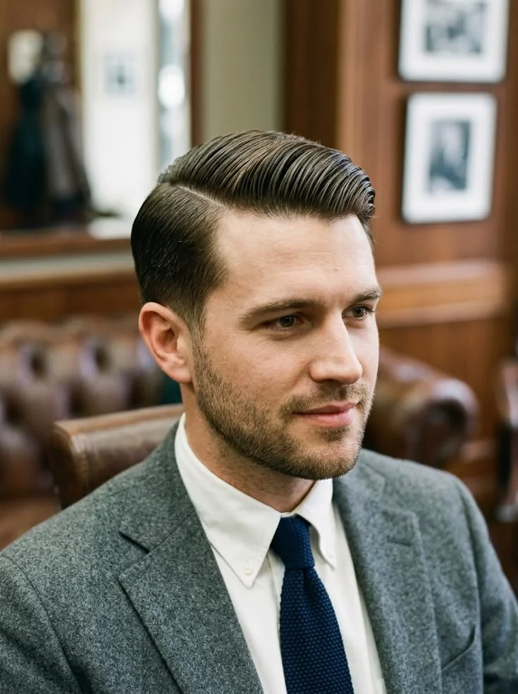 Side part clássico — corte old money masculino, exemplo 5