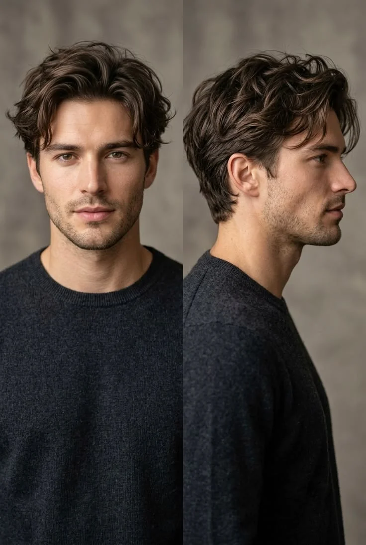 Comprimento médio, penteado natural — corte old money masculino, exemplo 4