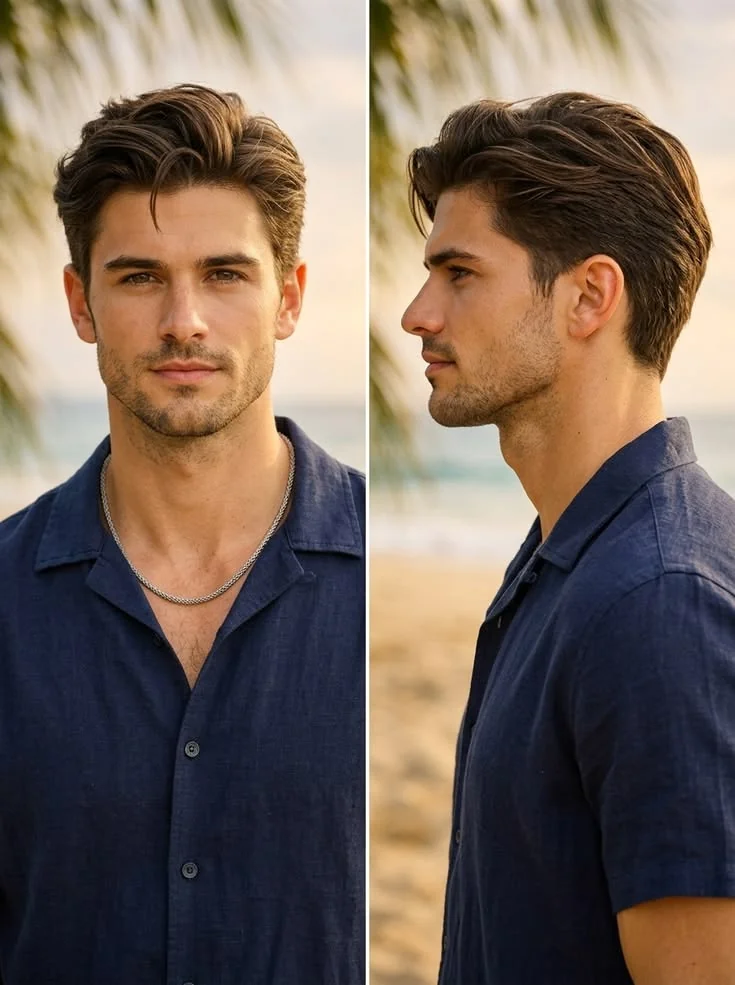 Comprimento médio, penteado natural — corte old money masculino, exemplo 12