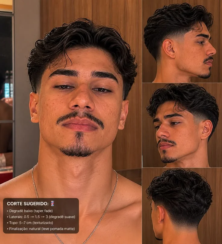 Low fade com topete e volume no topo — low fade masculino, exemplo 2
