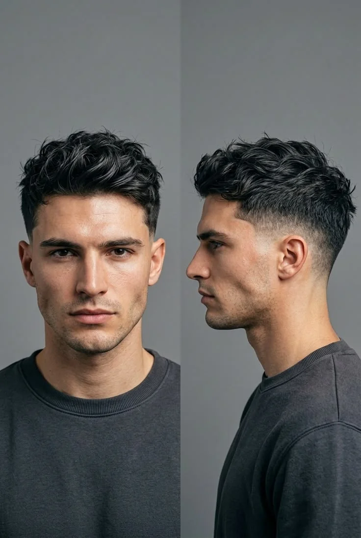 Low fade com topete e volume no topo — low fade masculino, exemplo 6