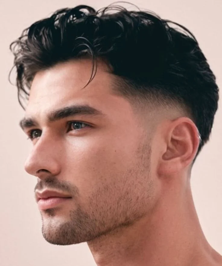 Low fade com topete e volume no topo — low fade masculino, exemplo 11